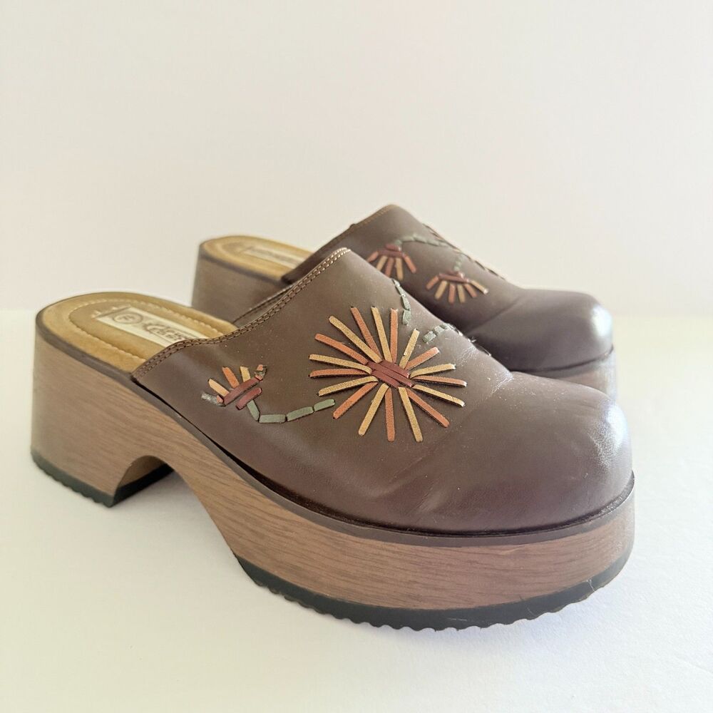 VTG Y2K Lower East Side Brown Faux Leather Chunky Clogs Sz 7.5